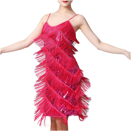 fartey Womens Fringe Dress Spaghetti Strap Sleeveless Tassel Sling Dress Sexy V Neck Backless Cocktail Party Mini Dress