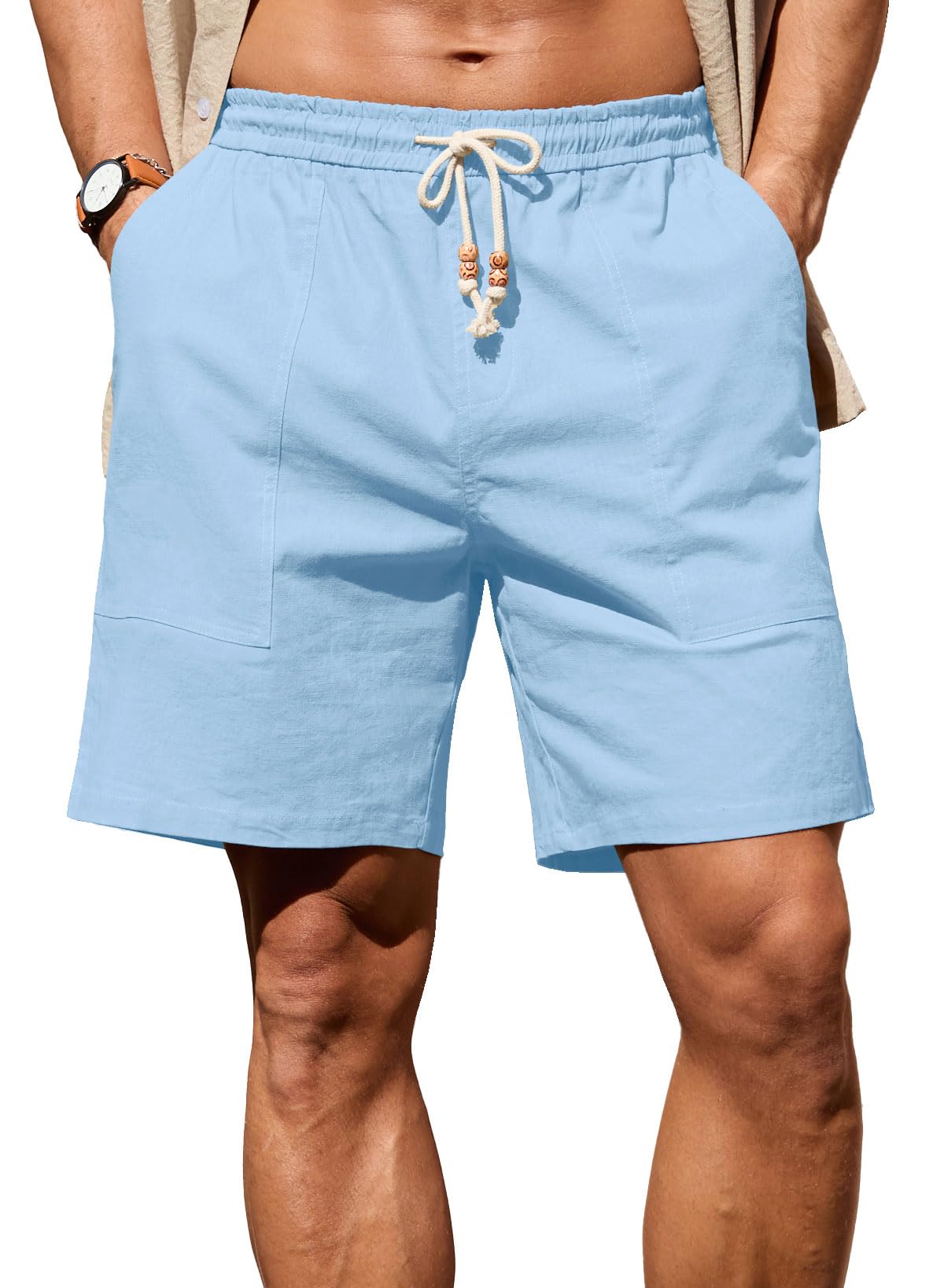 Sailwind Men's Linen Cotton Shorts 7" Elastic Waist Drawstring Casual Summer Beach Shorts
