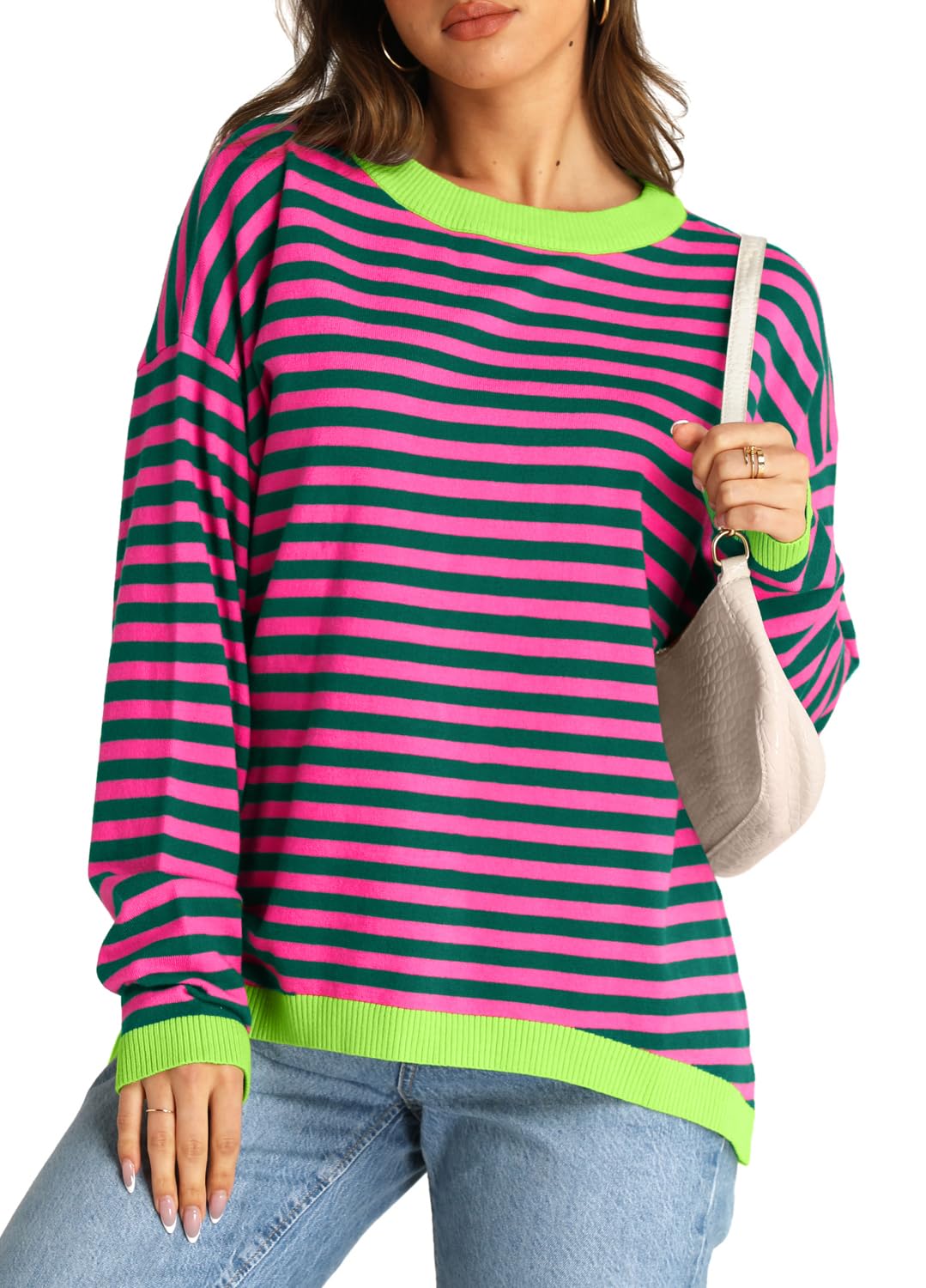 YEXIPO Womens Sweaters Striped 2024 Fall Long Sleeve Crewneck Casual Knit Lightweight Oversized Pullover Sweater Tops