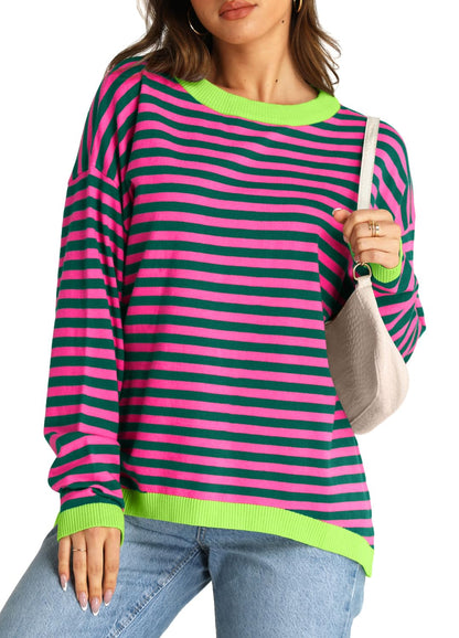 YEXIPO Womens Sweaters Striped 2024 Fall Long Sleeve Crewneck Casual Knit Lightweight Oversized Pullover Sweater Tops