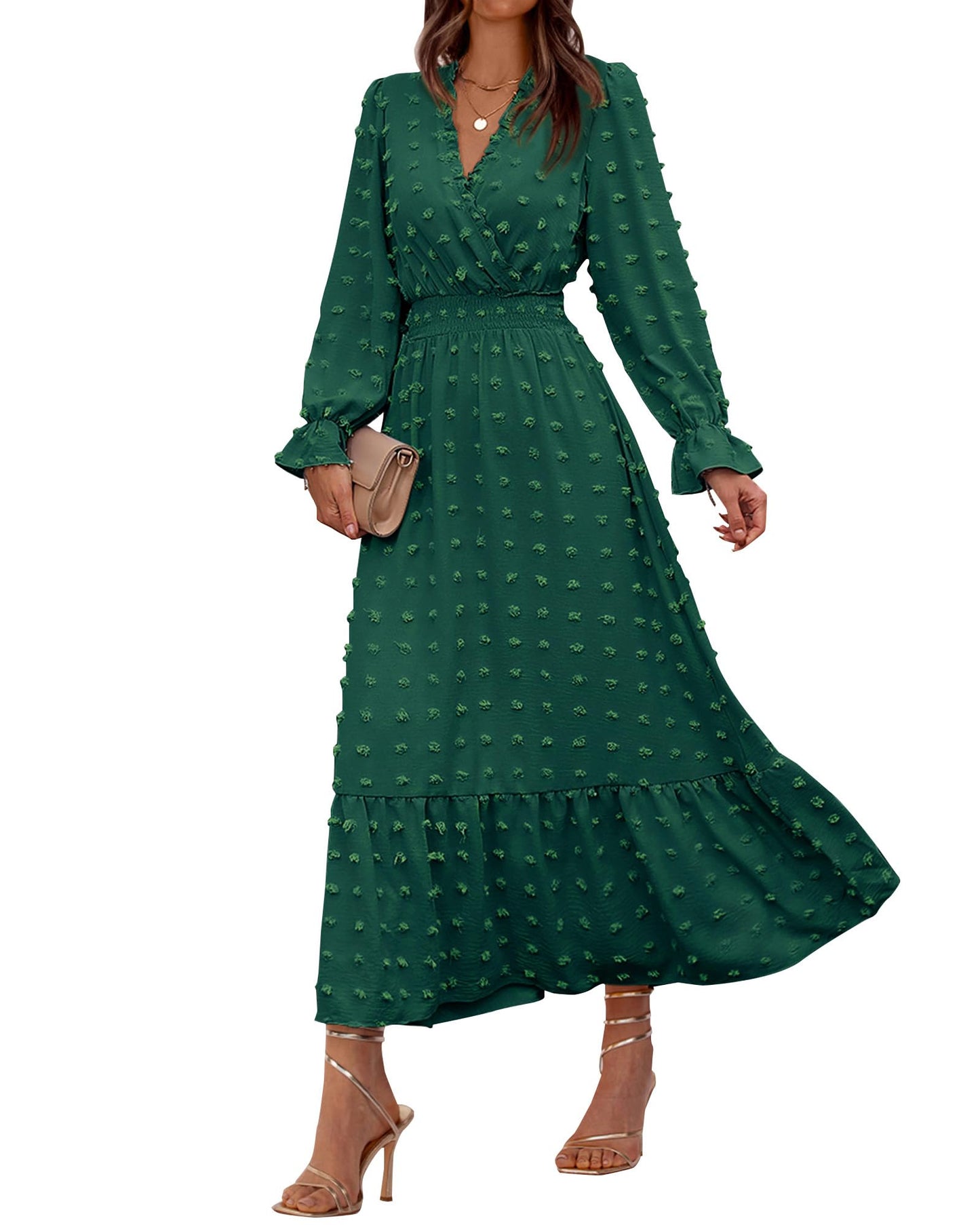 BTFBM Women Fall Maxi Dresses 2026 Long Sleeve V Neck Swiss Dots High Waisted A-Line Ruffle Boho Long Dress Vacation