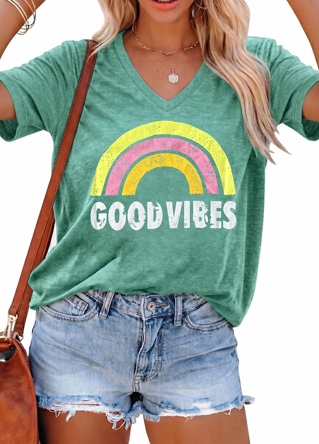 YEXIPO Womens Graphic Tees V-Neck T Shirts Spring Short Sleeve Funny Letter Print Casual Loose Cute Summer Tops