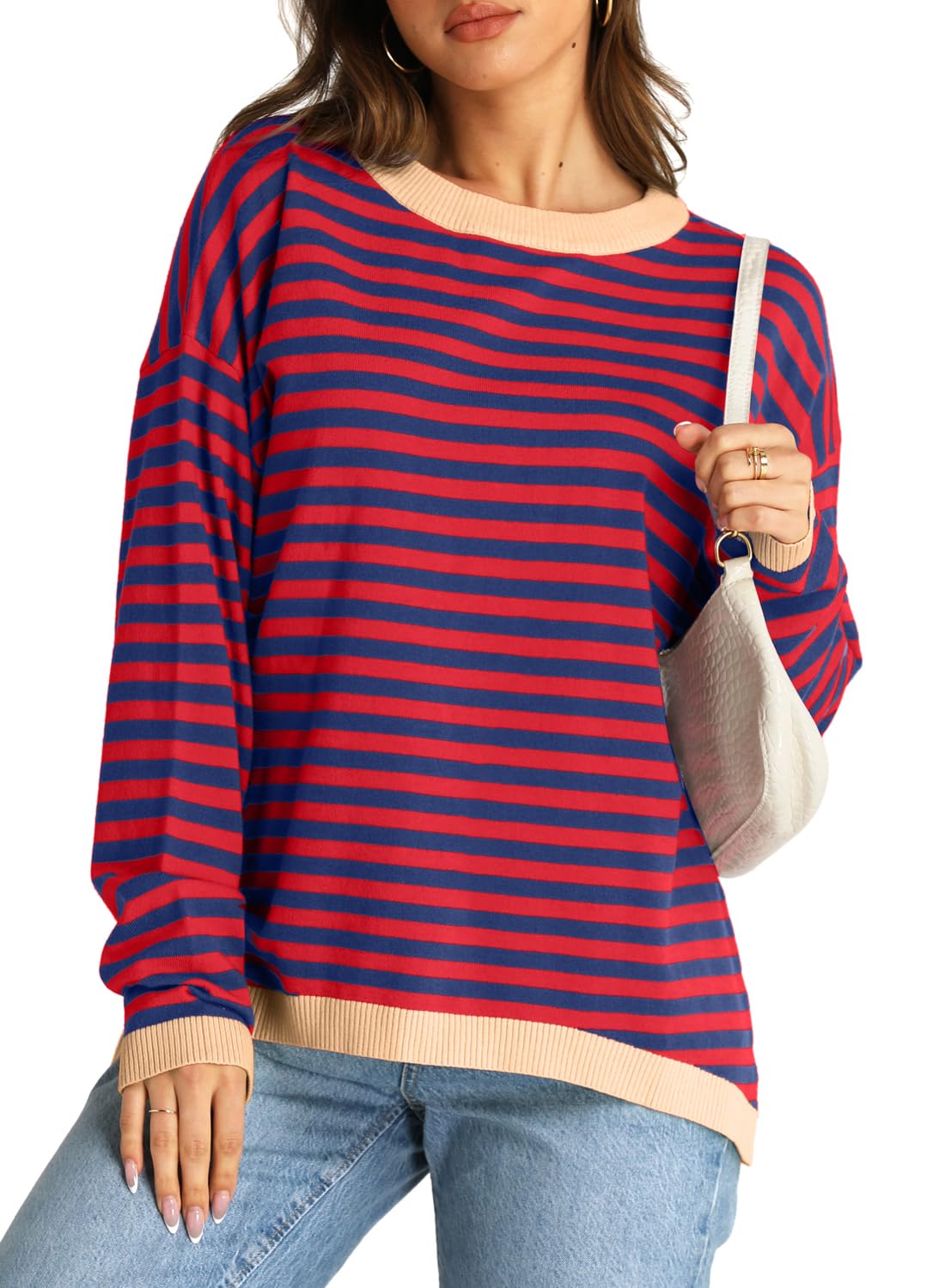 YEXIPO Womens Sweaters Striped 2024 Fall Long Sleeve Crewneck Casual Knit Lightweight Oversized Pullover Sweater Tops