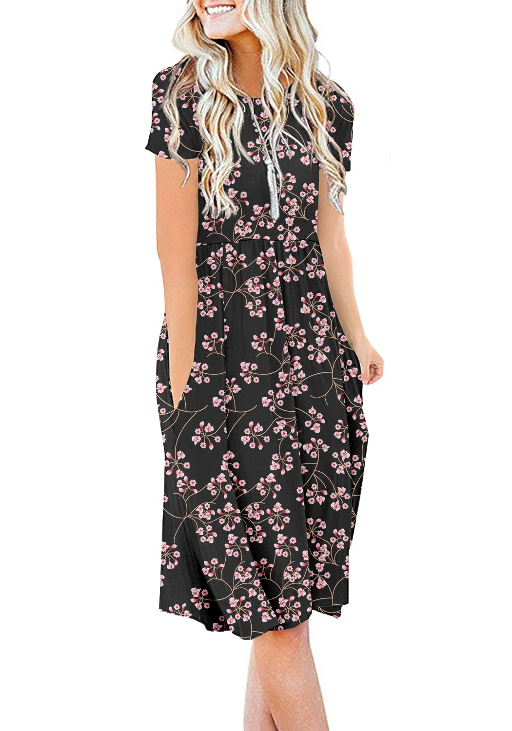 DB MOON Women Summer Casual Short Sleeve Dresses Empire Waist Dress with Pockets