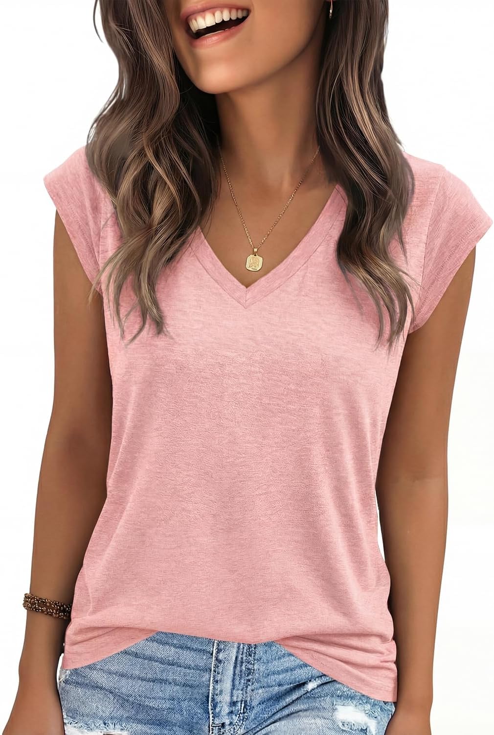 YEXIPO Womens Tops Cap Sleeve T Shirts 2026 Summer Casual Loose Fit V Neck Shirts Cute Trendy Beach Vacation Clothes