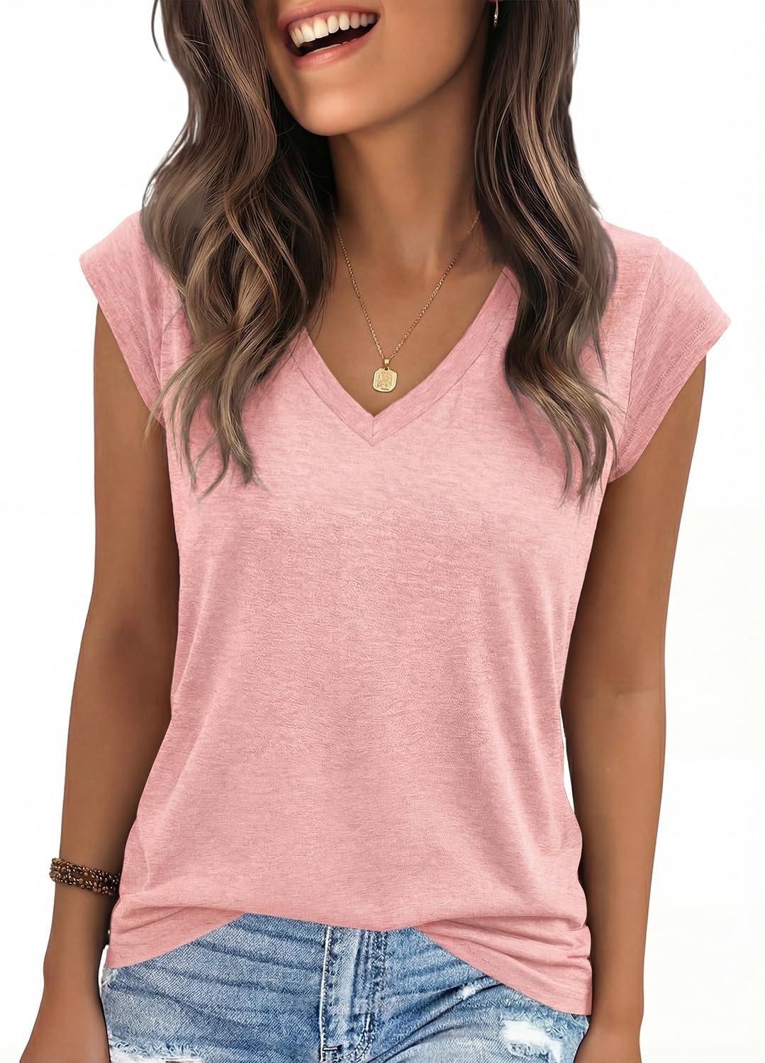 YEXIPO Womens Tops Cap Sleeve T Shirts 2026 Summer Casual Loose Fit V Neck Shirts Cute Trendy Beach Vacation Clothes