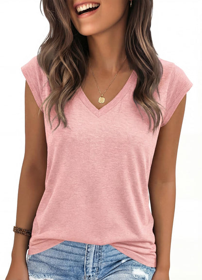 YEXIPO Womens Tops Cap Sleeve T Shirts 2026 Summer Casual Loose Fit V Neck Shirts Cute Trendy Beach Vacation Clothes