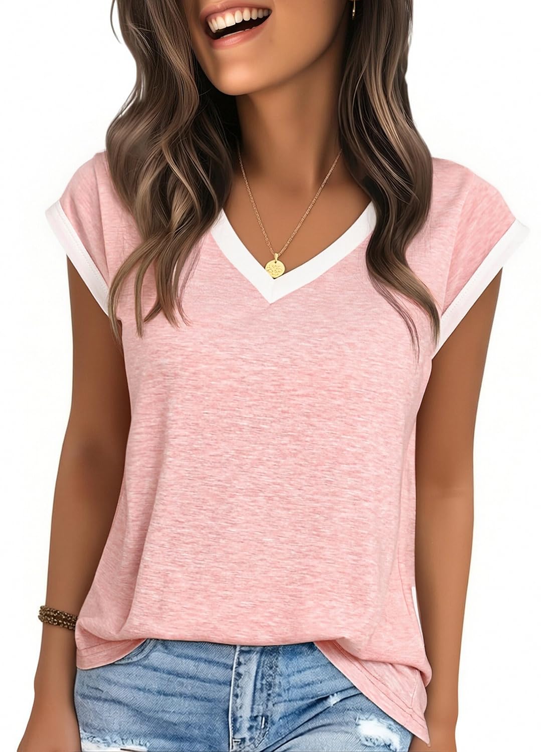 YEXIPO Womens Tops Cap Sleeve T Shirts 2026 Summer Casual Loose Fit V Neck Shirts Cute Trendy Beach Vacation Clothes