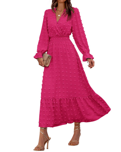 BTFBM Women Fall Maxi Dresses 2026 Long Sleeve V Neck Swiss Dots High Waisted A-Line Ruffle Boho Long Dress Vacation