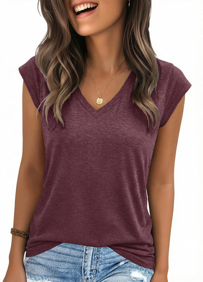 YEXIPO Womens Tops Cap Sleeve T Shirts 2026 Summer Casual Loose Fit V Neck Shirts Cute Trendy Beach Vacation Clothes
