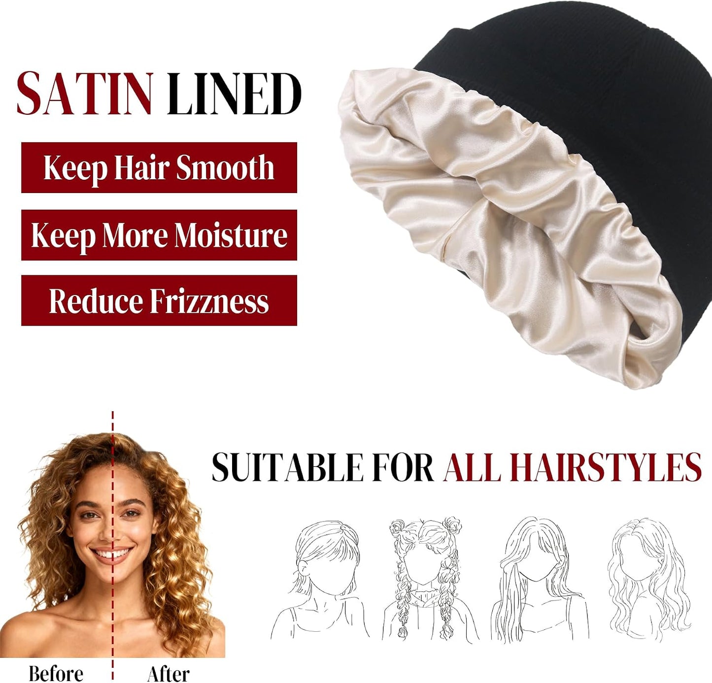 PFFY Womens Satin Lined Beanie Hat Silk Lining Winter Hats Beanies for Women Soft Slouchy Beanie Skull Cap