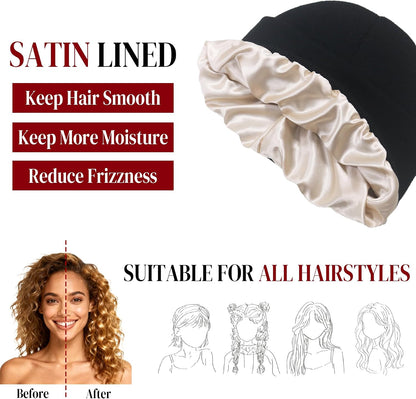PFFY Womens Satin Lined Beanie Hat Silk Lining Winter Hats Beanies for Women Soft Slouchy Beanie Skull Cap