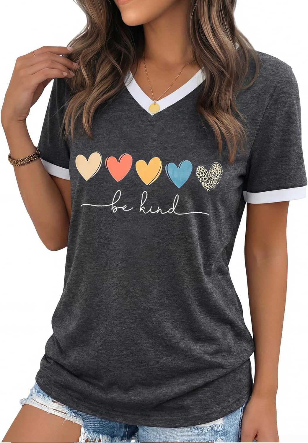 YEXIPO Womens T Shirts Graphic Tees Spring Short Sleeve V Neck Funny Letter Print Casual Loose Cute Summer Tops