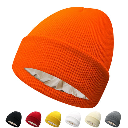 PFFY Satin Lined Beanie for Women Silk Lining Soft Winter Hats Reduce Frizz Knit Beanies Warm Skull Cap