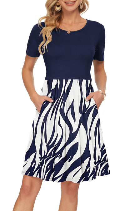 AUSELILY Women's Short Sleeve Summer Dress Pleated Loose Swing Knee Length Dresses with Pockets 2026 New