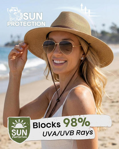 FURTALK Sun Hat Panama Fedora Straw Beach Hat with Wind Lanyard UPF | Packable for Travel, Hidden Hook and Loop Fit, Breathable Sweatband, Ideal for Summer Pool, Hiking & Gardening