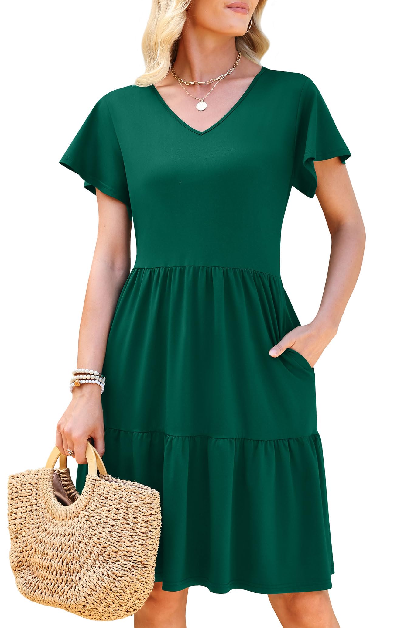 WEACZZY Womens Casual Summer Dress V Neck Ruffle Sleeve A Line Dresses Flowy with Pockets 2026