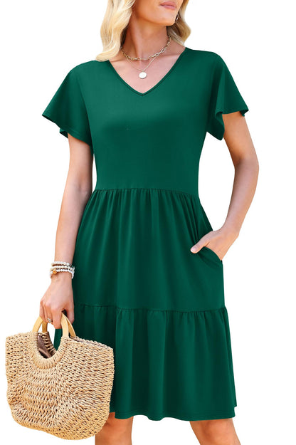 WEACZZY Womens Casual Summer Dress V Neck Ruffle Sleeve A Line Dresses Flowy with Pockets 2026