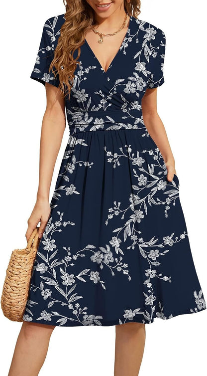 WEACZZY Women's Summer Short Sleeve Casual Dresses V-Neck Floral Party Dress with Pockets