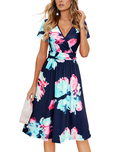 Newshows Womens Summer Short Sleeve Casual Dresses V Neck Floral Vacation Sundress Faux Wrap Midi Dress with Pockets