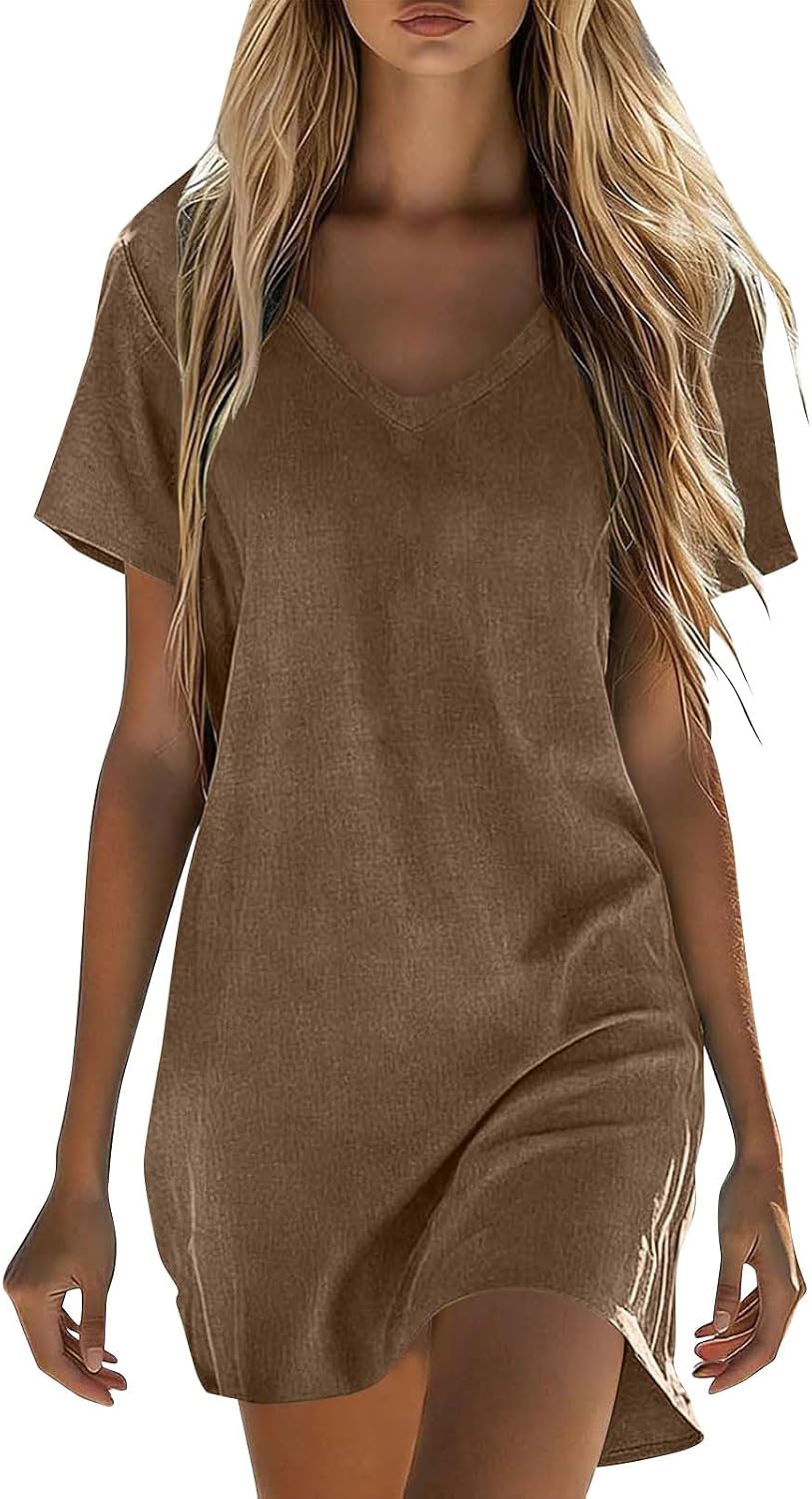Summer Dresses for Women 2026 Linen Tshirt Dress Casual Beach Vacation Outfits Cotton Boho Short Sleeve Sundresses