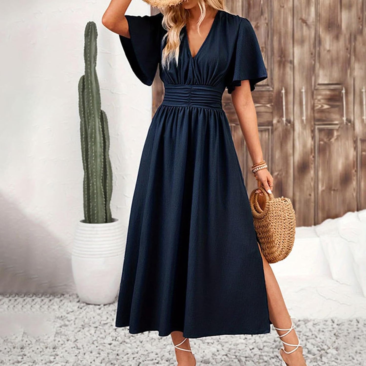 Maxi Dresses for Women Trendy Elegant Short Sleeve V Neck Pleated Swing Flowy Dress Ruffle Tiered Smocked Long Dress