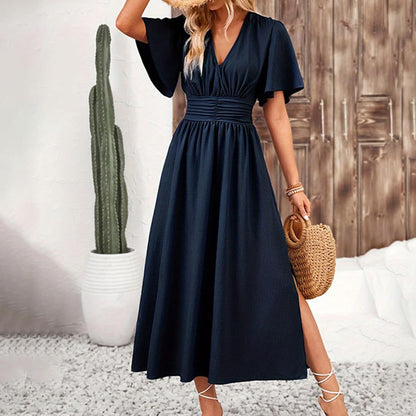 Maxi Dresses for Women Trendy Elegant Short Sleeve V Neck Pleated Swing Flowy Dress Ruffle Tiered Smocked Long Dress
