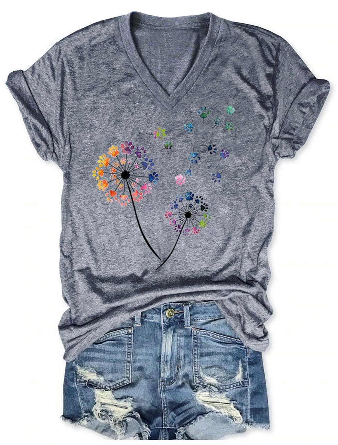 Women's T-Shirts V-Neck Dragonfly Tee Cute Summer Graphic Shirts Vintage Boho Flowers Short Sleeve T Shirt