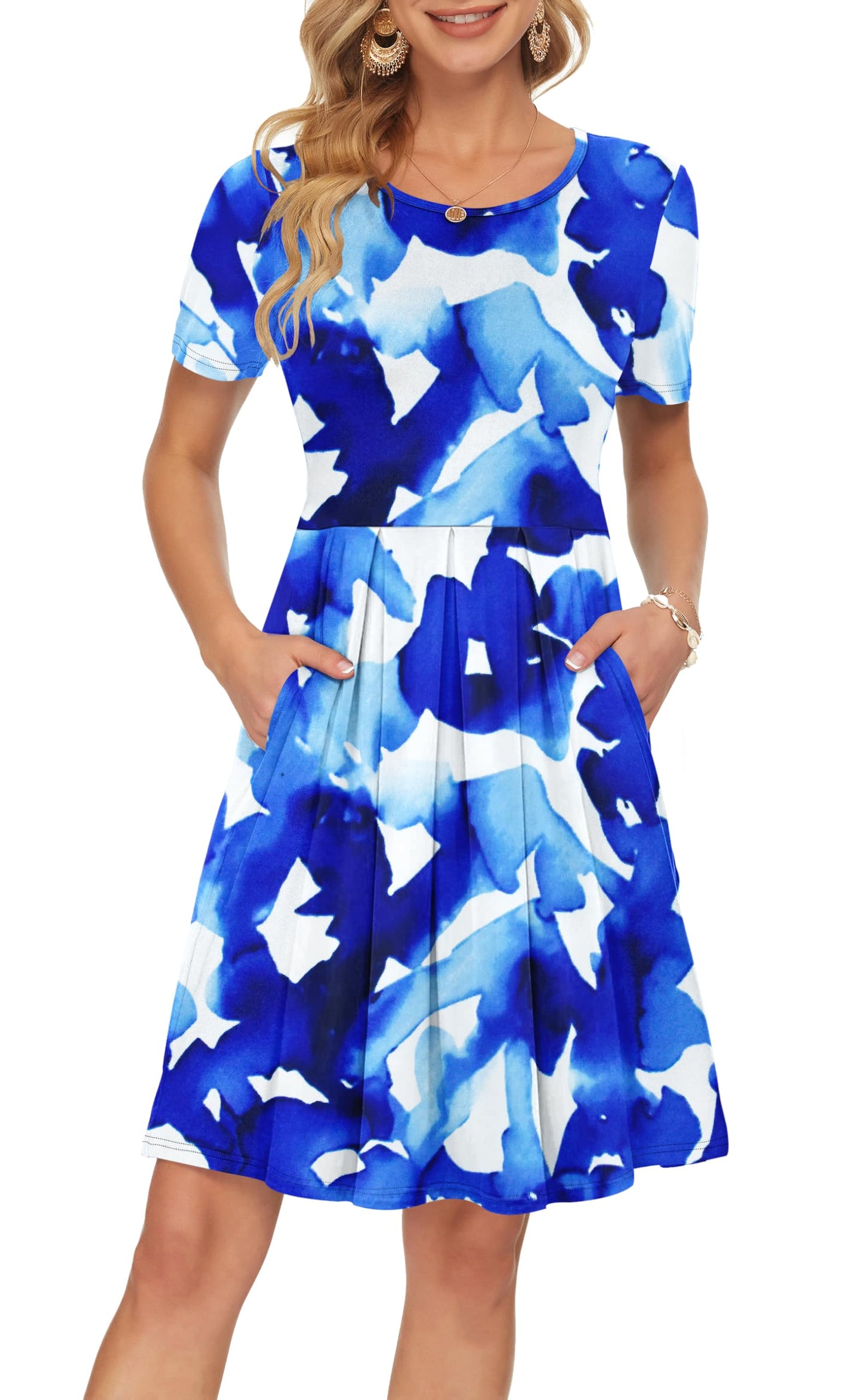 AUSELILY Women's Short Sleeve Summer Dress Pleated Loose Swing Knee Length Dresses with Pockets 2026 New