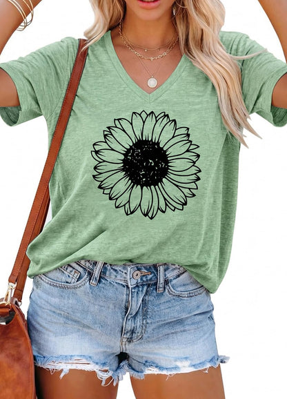 YEXIPO Womens Graphic Tees V-Neck T Shirts Spring Short Sleeve Funny Letter Print Casual Loose Cute Summer Tops