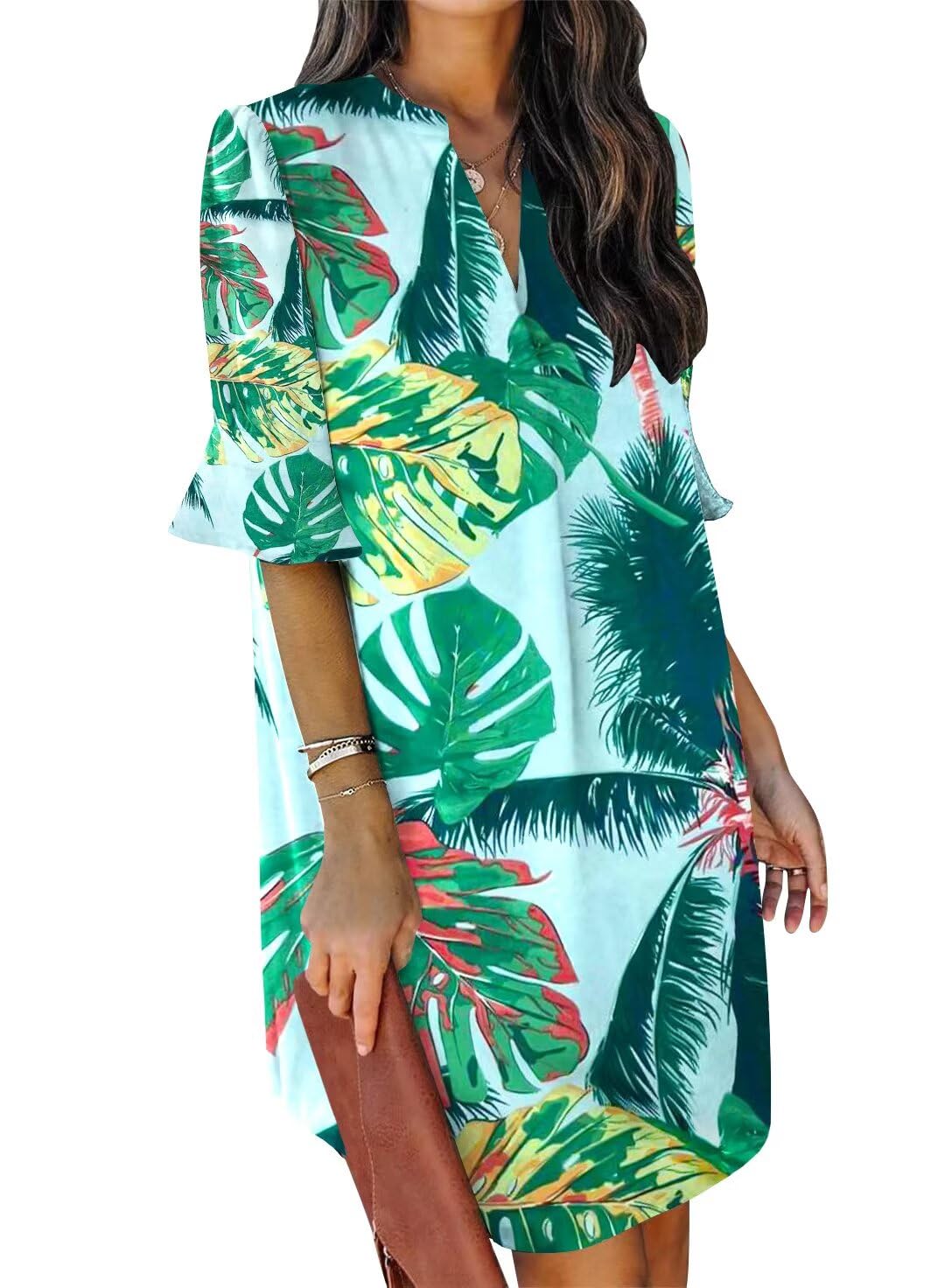 QACOHU Summer Dresses for Women V Neck Ruffle Short Sleeve Casual Shift Dress