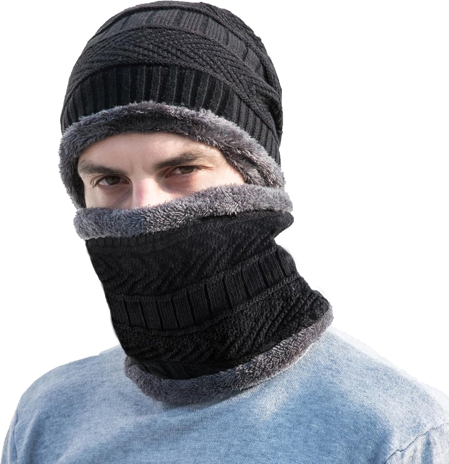 PFFY Warm Beanie Hat Scarf Set Knit Hats Thick Fleece Lined Winter Cap Neck Warmer for Men Women