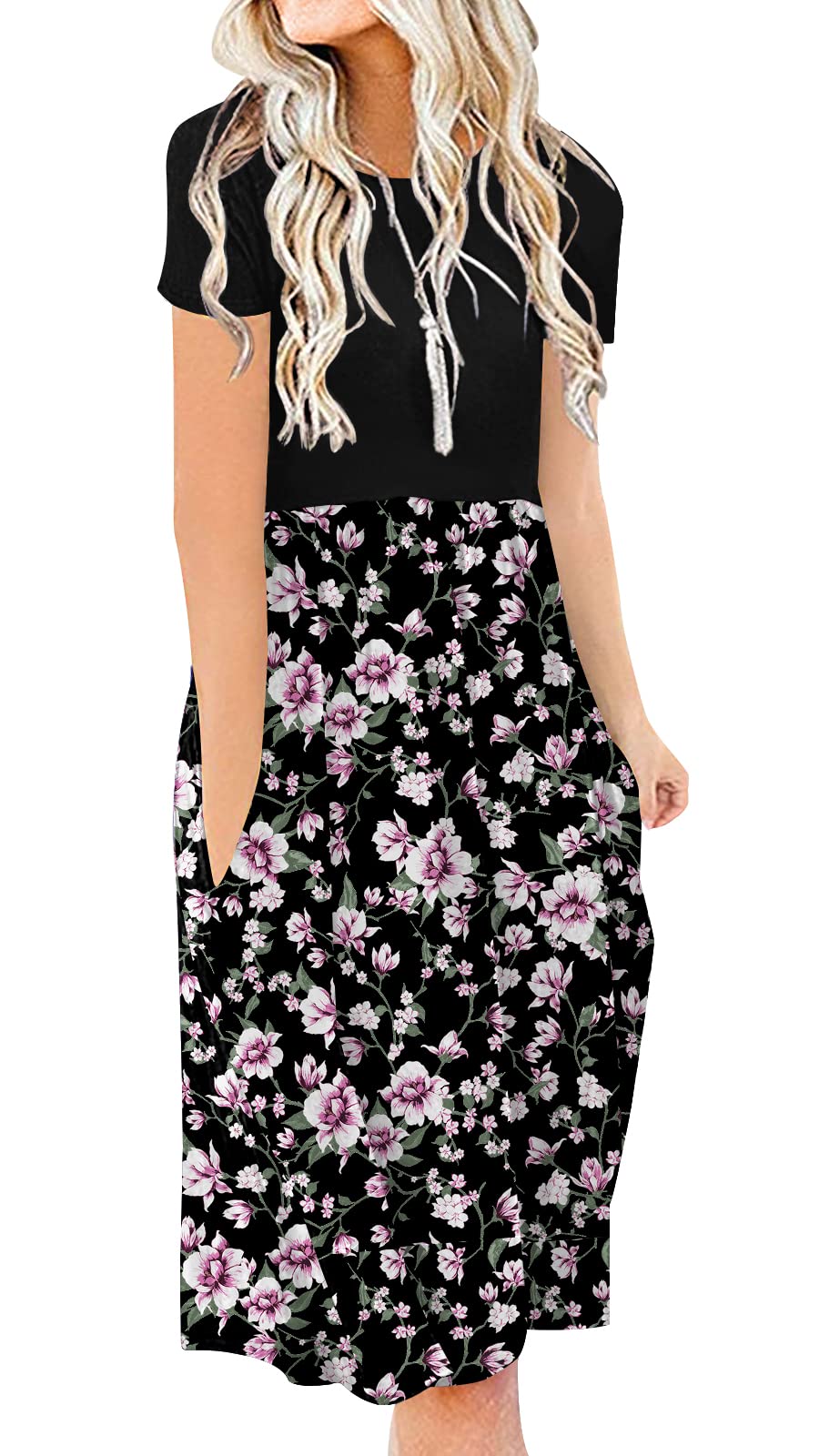 DB MOON Women Summer Casual Short Sleeve Dresses Empire Waist Dress with Pockets