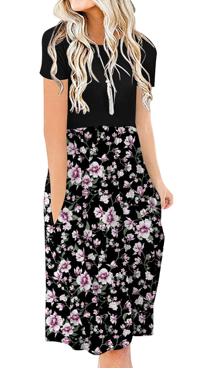 DB MOON Women Summer Casual Short Sleeve Dresses Empire Waist Dress with Pockets