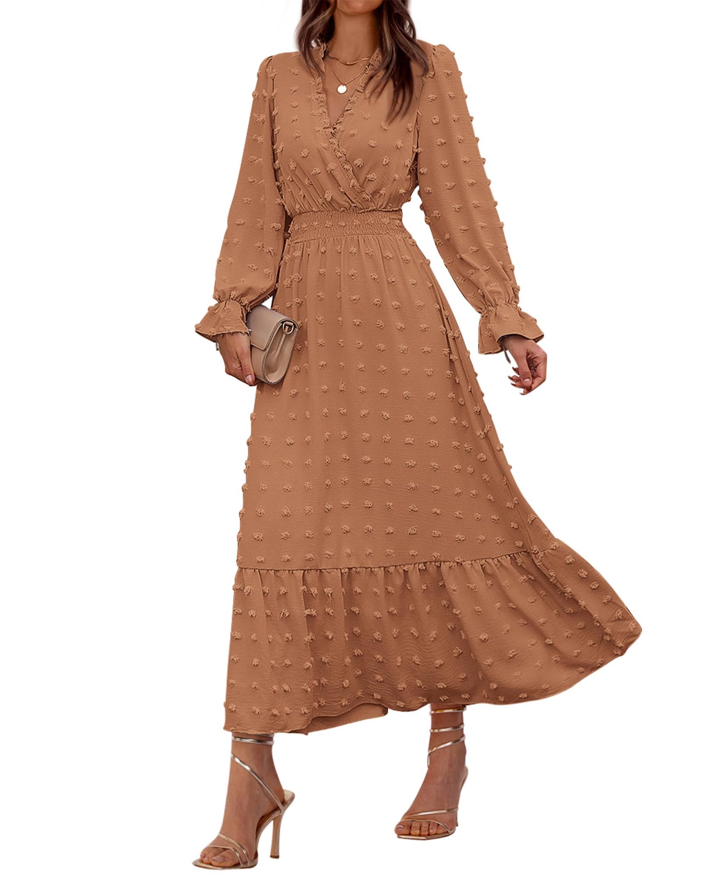 BTFBM Women Fall Maxi Dresses 2026 Long Sleeve V Neck Swiss Dots High Waisted A-Line Ruffle Boho Long Dress Vacation