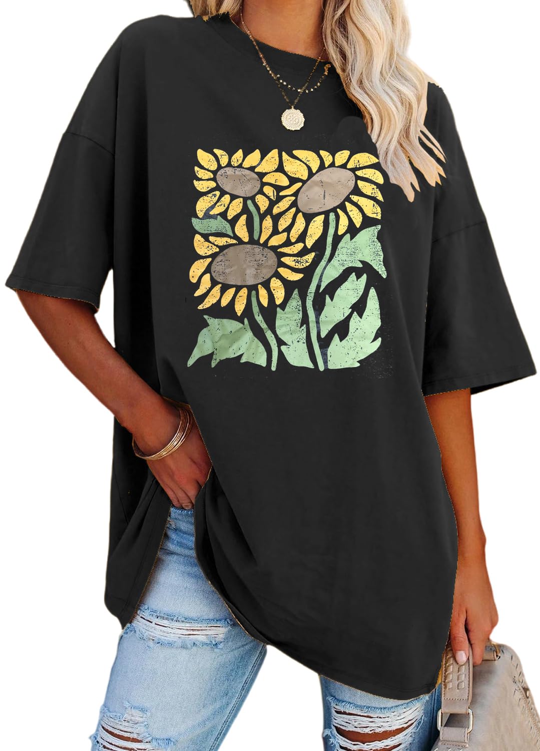 YEXIPO Women's Oversized T Shirts Graphic Tees Summer Short Sleeve Loose Fit Casual Crewneck Plain Tunic Tops