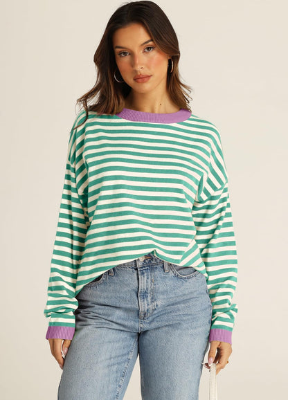 YEXIPO Womens Sweaters Striped 2024 Fall Long Sleeve Crewneck Casual Knit Lightweight Oversized Pullover Sweater Tops