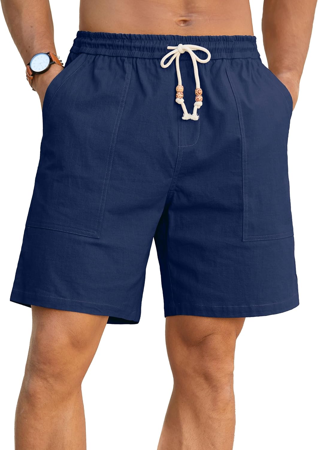 Sailwind Men's Linen Cotton Shorts 7" Elastic Waist Drawstring Casual Summer Beach Shorts