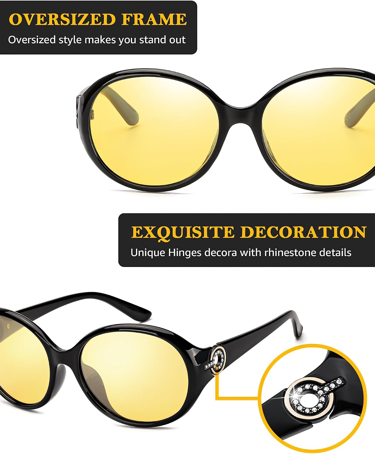 TJUTR Night Driving Glasses for Women, Polarized Yellow Tint Night Vision Lens, Night Time Anti-glare Big Glasses TN6824