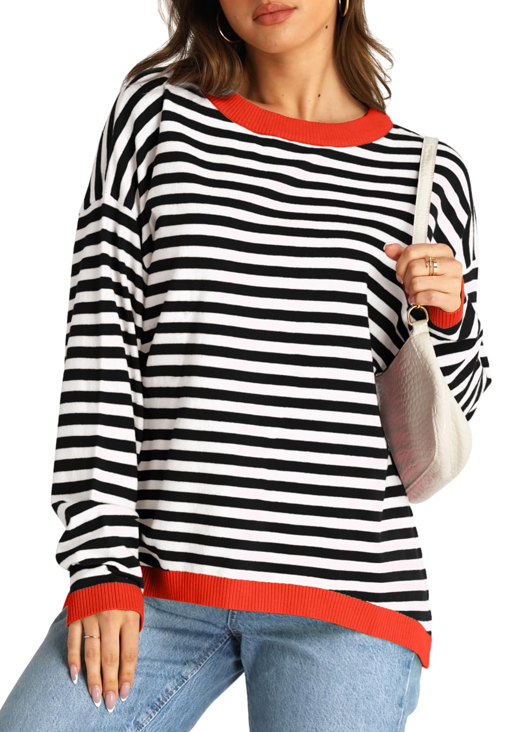 YEXIPO Womens Sweaters Striped 2024 Fall Long Sleeve Crewneck Casual Knit Lightweight Oversized Pullover Sweater Tops