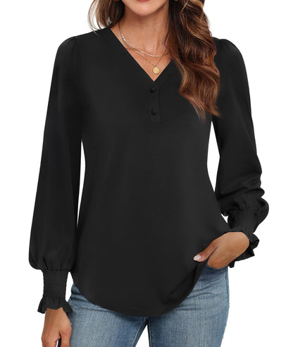 WEACZZY Womens Tops Long Sleeve Fall Shirts for Women Dressy Casual Button V Neck Tunic Blouse Ruffle Cuffs T-Shirts 2026