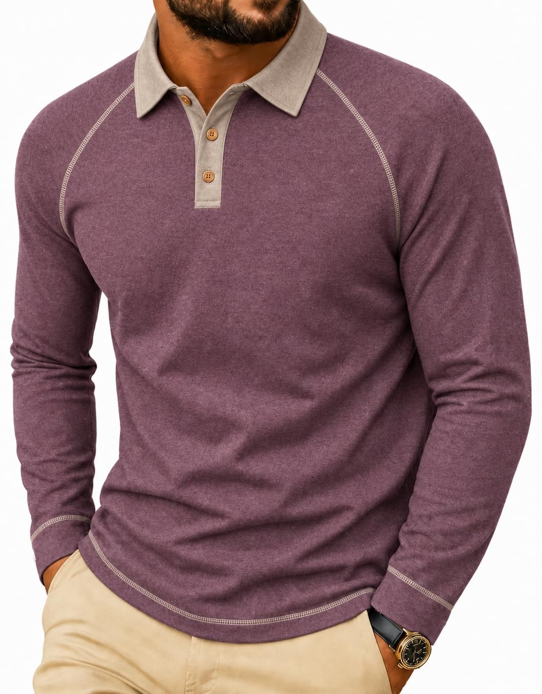 Sailwind Mens Long Sleeve Polo Shirts Fashion Casual Raglan Button Polo Tee Collared Golf Shirt