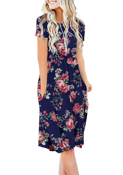 DB MOON Women Summer Casual Short Sleeve Dresses Empire Waist Dress with Pockets