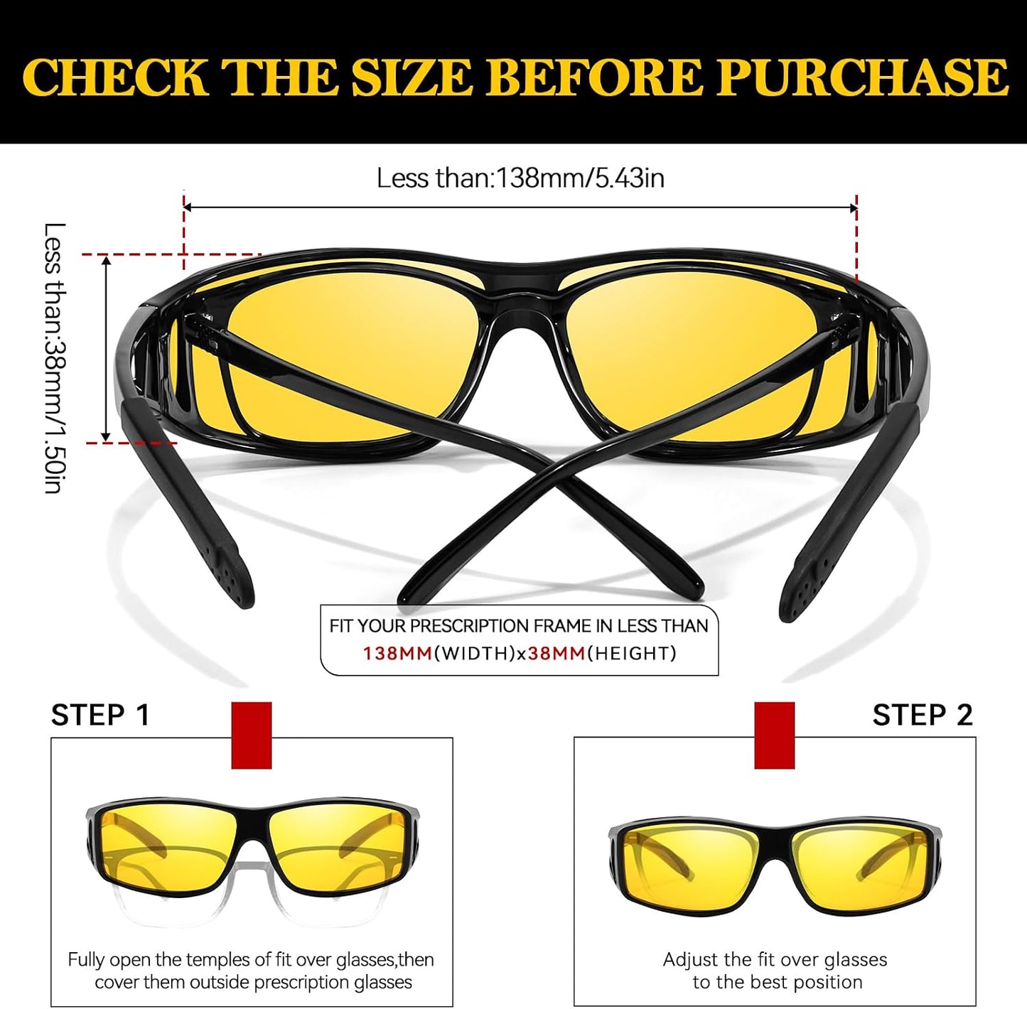 TJUTR Night Vision Driving Glasses Fit Over Eyeglasses for Men Women, Anti-Glare Polarized UV400 Protection Yellow Lens 2612R
