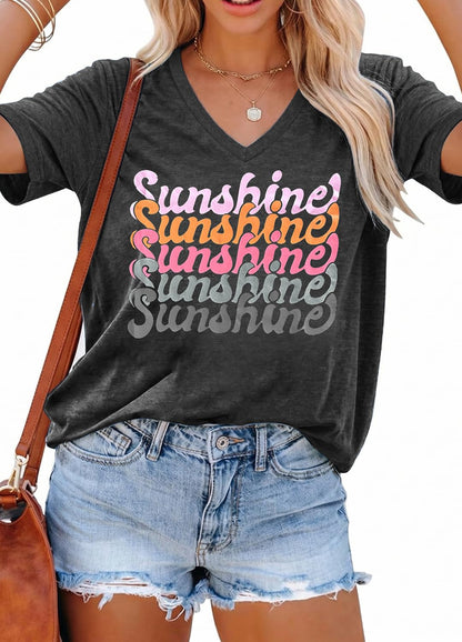 YEXIPO Womens Graphic Tees V-Neck T Shirts Spring Short Sleeve Funny Letter Print Casual Loose Cute Summer Tops