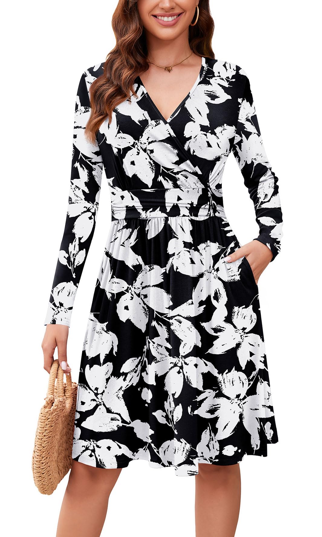 WEACZZY Women's Long Sleeve Casual Fall Dresses V-Neck Swing Floral Party Dress with Pockets 2026