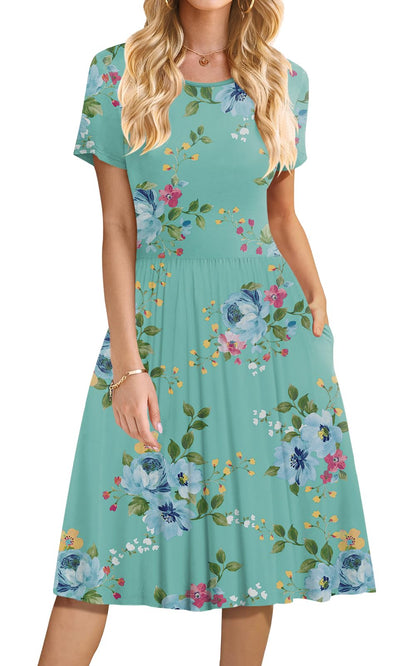 DB MOON Women Summer Casual Short Sleeve Dresses Empire Waist Dress with Pockets