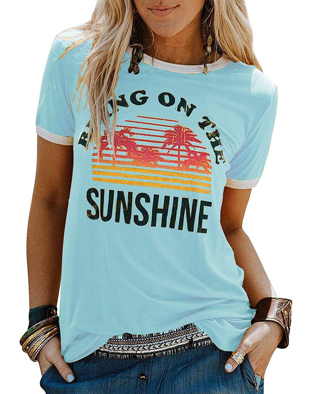 YEXIPO Graphic Tees for Women Short Sleeve Summer Tops Funny Letter Printed Loose Casual T Shirts