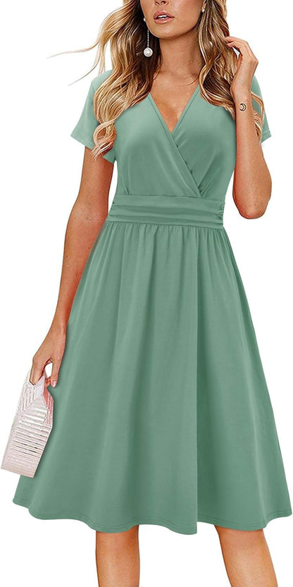 Newshows Womens Summer Short Sleeve Casual Dresses V Neck Floral Vacation Sundress Faux Wrap Midi Dress with Pockets