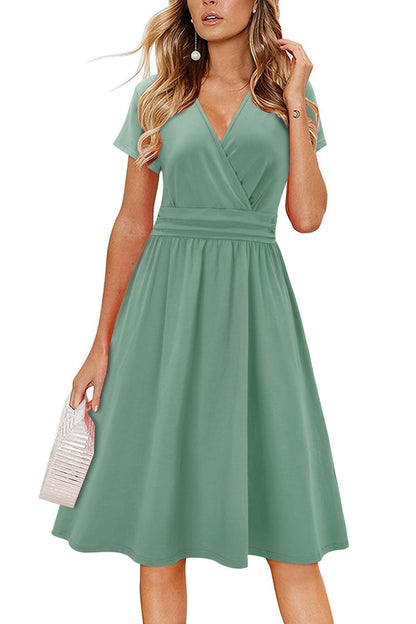 Newshows Womens Summer Short Sleeve Casual Dresses V Neck Floral Vacation Sundress Faux Wrap Midi Dress with Pockets